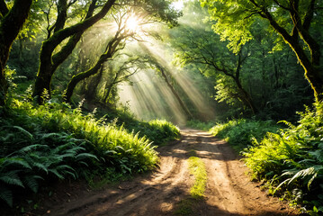 Winding forest road meanders through haze forest. Oblique rays of sun pierce through canopy. Towering trees line road, their branches reaching up towards warm sunlight filtering through leaves.