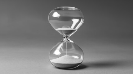 Classic hourglass sits on a plain gray background, capturing the passage of time as sand slowly trickles from the top bulb to the bottom one.