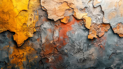 Yellow, orange, gray abstract design background. The color gradient. Painted old concrete wall with lagging plaster. Saturated tones, smooth color transitions. Graphic Art paint. Copy space.