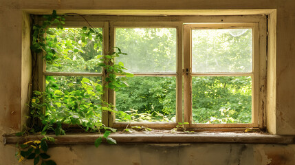 Abandoned old window frame is overtaken by lush green vines in a dilapidated wall, depicting nature's reclaim.