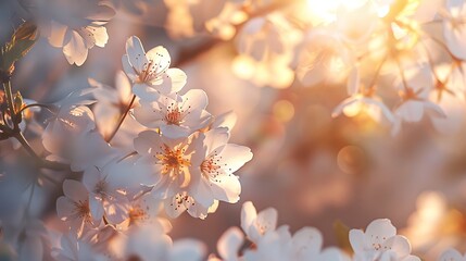 A close-up of delicate white cherry blossoms in bloom, illuminated by the soft glow of the morning sun.