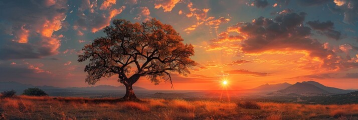 A sunset with a tree in the foreground