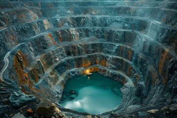 Majestic aerial shot captures the stunning spiral structure of an open-pit mine, with strikingly blue water at its base