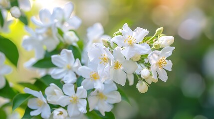 A close-up of delicate white jasmine flowers in bloom, emitting a sweet and intoxicating fragrance.