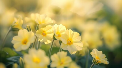 A close-up of delicate yellow primrose flowers in bloom, heralding the arrival of spring.