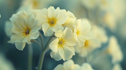 A close-up of delicate yellow primrose flowers in bloom, heralding the arrival of spring.