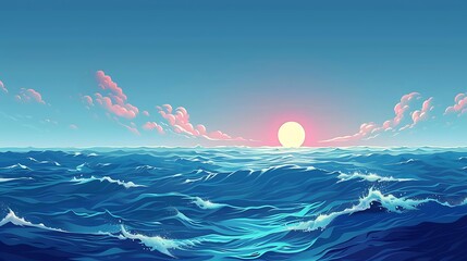 A computer generated image of a calm ocean with a sun setting in the background