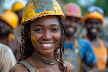 A happy female construction worker with protective gear is covered in paint, among colleagues