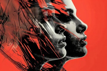 abstract dual face illustration in monochrome and red conceptual digital art