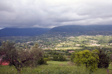 Fototapeta premium Part of the wide valley of Taburno-Camposauro mountain massif seen from Sant’Agata dei Goti in the province of Benevento, Italy. 
