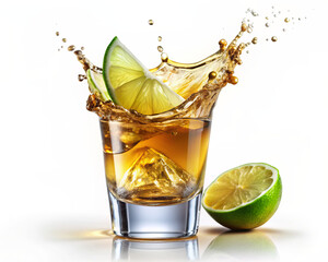 Glass shot of tequila making toast with splash a white background.