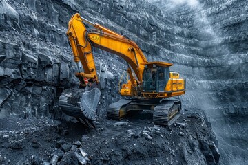 Detailed shot of a yellow excavator digging in a rocky mine under a dramatic cloudy sky
