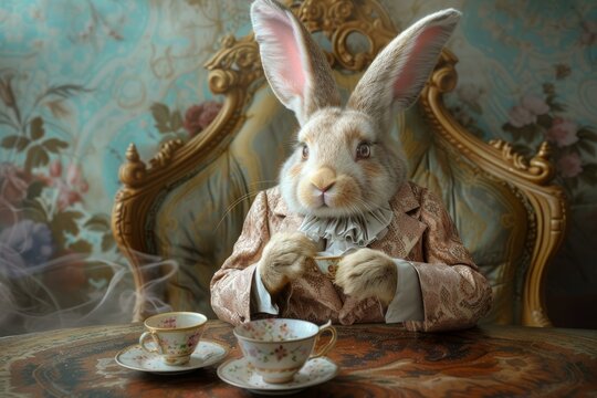 Anthropomorphic rabbit in vintage attire sipping tea in an ornate room