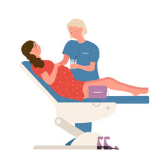 Pregnant woman lying in medical chair at gynecologists appointment in hospital vector illustration