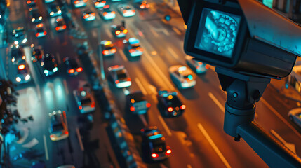 City Surveillance: High Angle View of Security Camera Monitoring Intersection at Night