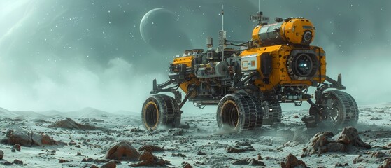 Amidst the vast expanse of space, a robotic rover embarks on an odyssey of exploration, traversing distant planets with unwavering determination. - obrazy, fototapety, plakaty