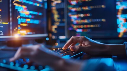 A person wearing a blue shirt is coding. He is typing on a black keyboard. There are two computer screens in front of him. The screens are filled with code.