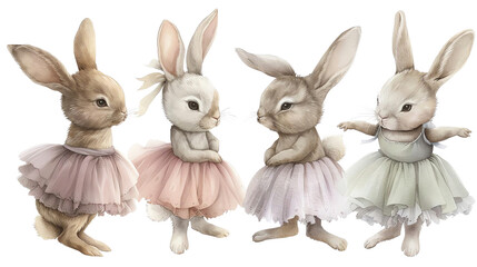 Obraz premium Four cute rabbits in ballet tutus isolated on a transparent background.