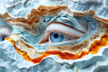 This macro photograph showcases an eye peering through finely layered paper, with intricate details...