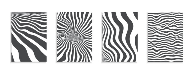 Collection of creative monochrome drawing striped contemporary covers, templates, posters, placards, brochures, banners, flyers and etc. Abstract trendy black and white cards with curve wavy lines