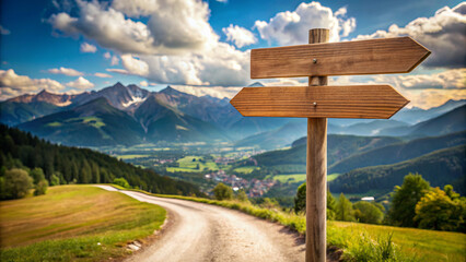 Wooden sign post isolated on village path with white clouds and mountain Direction concept. Mock up, template