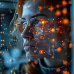 Young redhead woman looking at network hologram. 3D rendering - obrazy, fototapety, plakaty