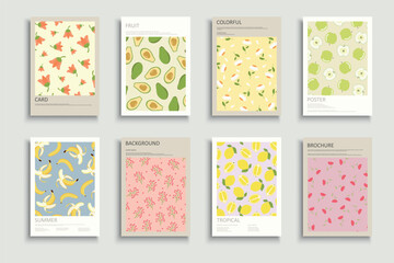 Collection of delicate floral and fruit covers, templates, placards, brochures, banners, flyers and etc. Color summer backgrounds, postcards, posters, invitation. Drawing tropical botanic cards