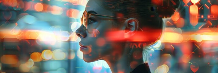 Double exposure portrait of beautiful woman in glasses with bokeh background - obrazy, fototapety, plakaty
