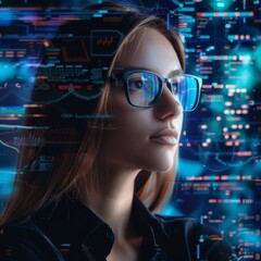 Portrait of a girl in glasses on a background of a blue matrix - obrazy, fototapety, plakaty