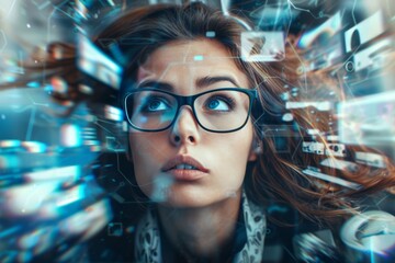 Portrait of a beautiful young woman with long curly hair and glasses. The concept of modern technologies and the Internet. - obrazy, fototapety, plakaty