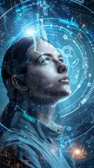 Double exposure of futuristic woman face and HUD interface. 3D rendering