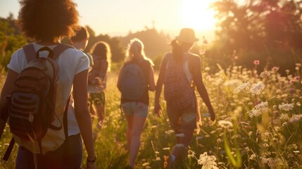 A group of friends hiking together on a hot summer day. Group of friends walking through the countryside.
