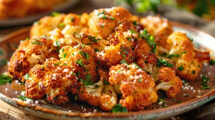 A plate of roasted cauliflower on a table. Perfect for food bloggers or recipe websites