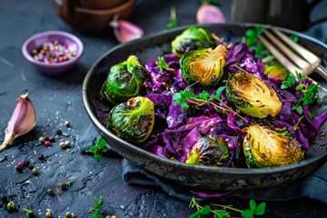 artfully plated vegan delicacies featuring roasted brussels sprouts and red cabbage concept illustration