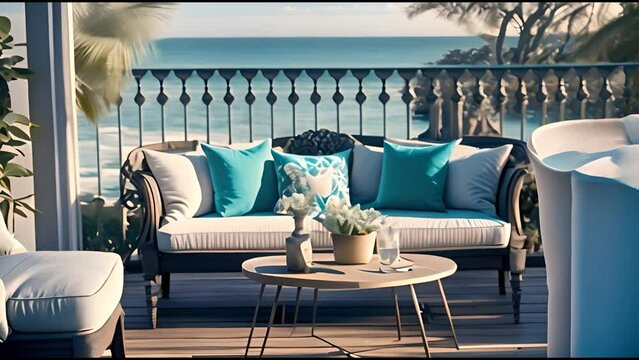 Minimalist modern terrace with relax area, armchairs and table for breakfast, panoramic sea ocean, sunset sunrise. outdoor terrace with designer furniture sofa with ocean view. 