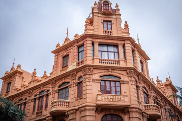Facade of colonial building in the city of Santa Cruz de Tenerife. Old building. Old tobacco factory.  Pilar street. Tenerife, canary islands Spain.
