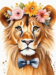 Baby Lion Flower Crown Bowties Woodland Animal Nursery Decor, Generative AI Illustration  - obrazy, fototapety, plakaty
