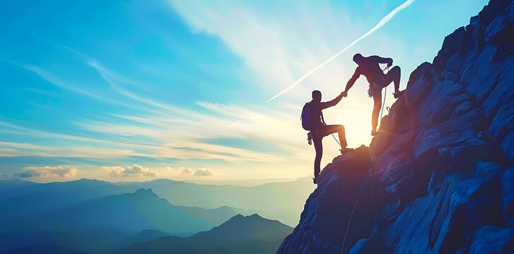 Reaching New Heights Together: Silhouette of Man Helping Another Person Climb to the Top