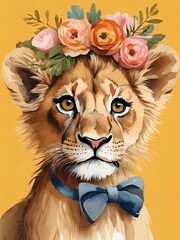 Baby Lion Flower Crown Bowties Woodland Animal Nursery Decor, Generative AI Illustration 