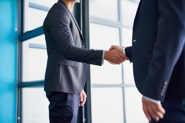 Business men, handshake and worker hands in office with agreement, deal or partnership. Greeting,...