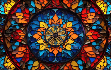 A colourful stained glass window with a star in the centre, Mandala background design