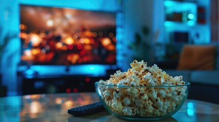 Movie times, Popcorn in a glass bowl and remote control in front of the TV in a home interior - obrazy, fototapety, plakaty