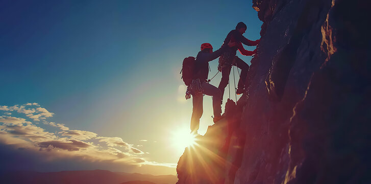 Reaching New Heights Together: Silhouette of Man Helping Another Person Climb to the Top