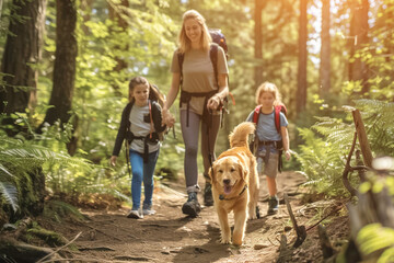 Family hiking in a forest with a golden retriever leading the way.