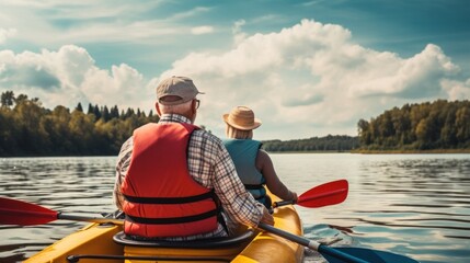 A happy senior kayaker kayaking on a lake with support person from behind. enjoying a day at the lake