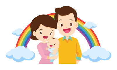 Happy big family in front of house ,rainbow