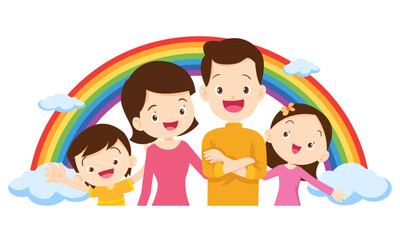 Happy big family in front of house ,rainbow