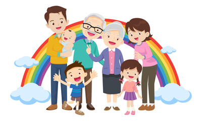 Happy big family in front of house ,rainbow