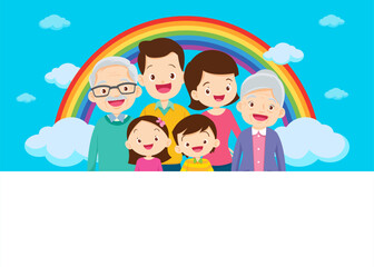 Fototapeta premium Happy big family in front of house ,rainbow