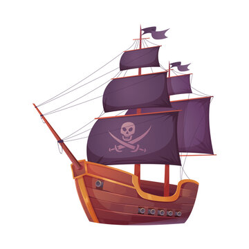 recommend clip art: Pirate ship with skull and crossbones, black sails on mast and cannons vector illustration